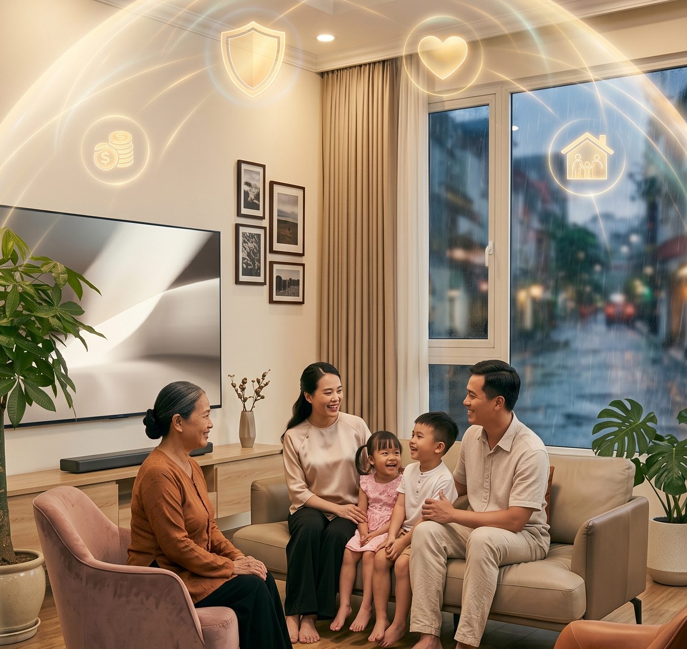 Gia đình ba thế hệ dưới vòm bảo vệ tài chính
