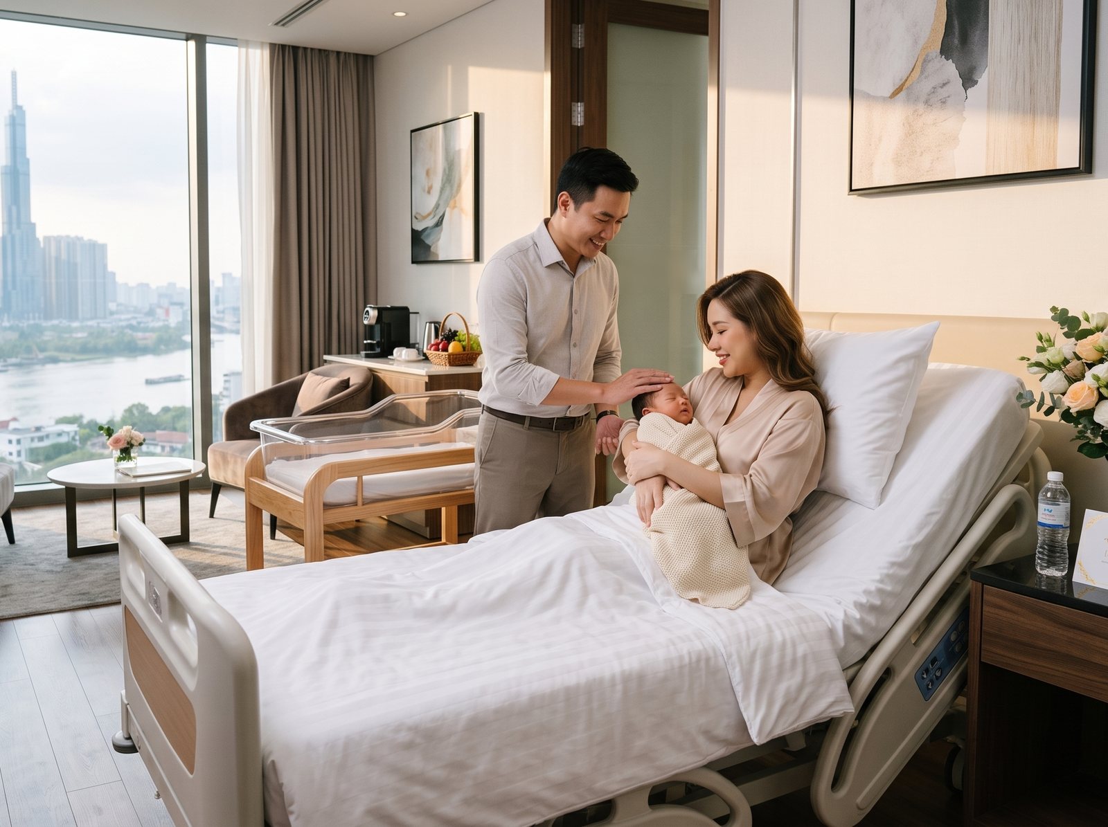 Gia đình trẻ bên em bé mới sinh tại phòng dịch vụ